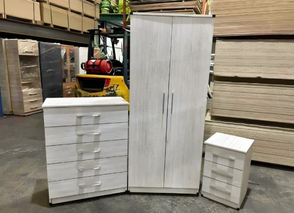 2 door wardrobe set with 1 chest and sidetable silver
