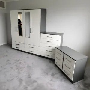 4 door mirrored wardrobe with 1 chest and 2 sidetables grey