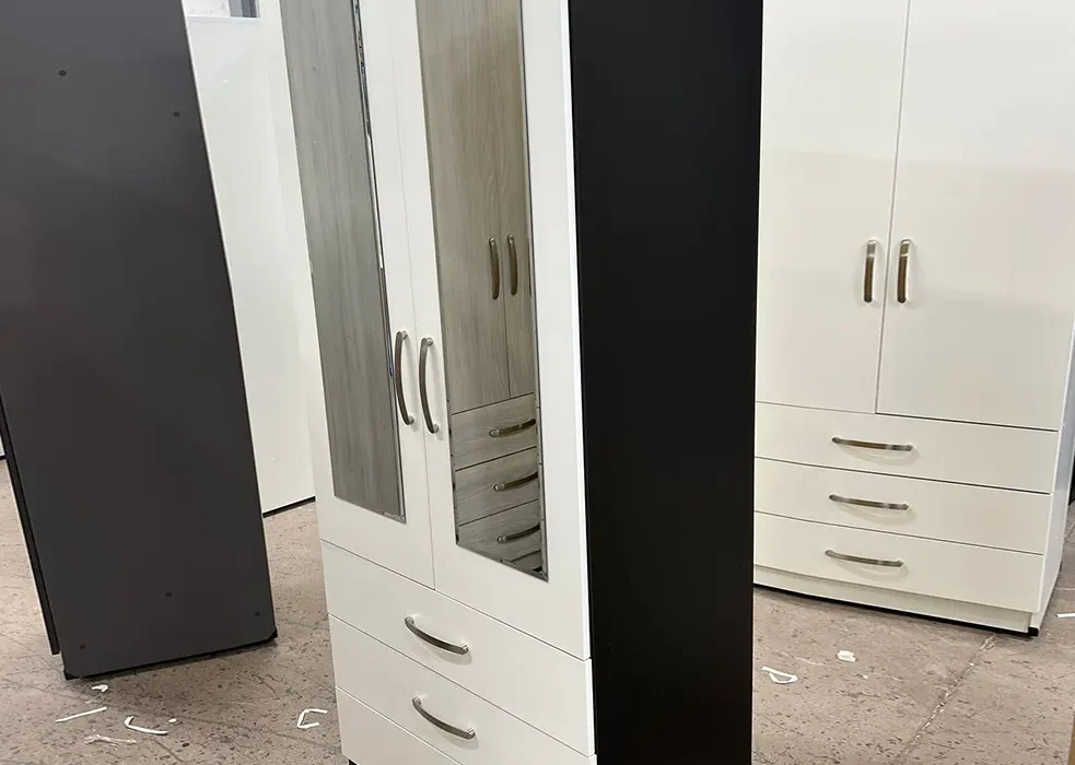 two-door wardrobe with two mirrors and three drawers